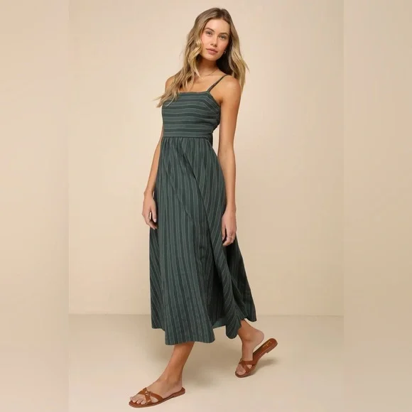 Lulus Feeling the Best Green Striped Tie-Back Midi Dress with Pockets - Picture 2 of 7